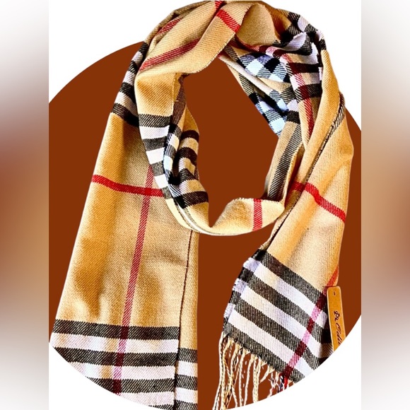 New w/Tags Elegant Plaid Scarf Unisex Tan, red, black & white - Picture 9 of 9